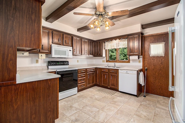 kitchen featuring sink, white appliances, ceiling fan, beam ceiling, and dark brown cabinets