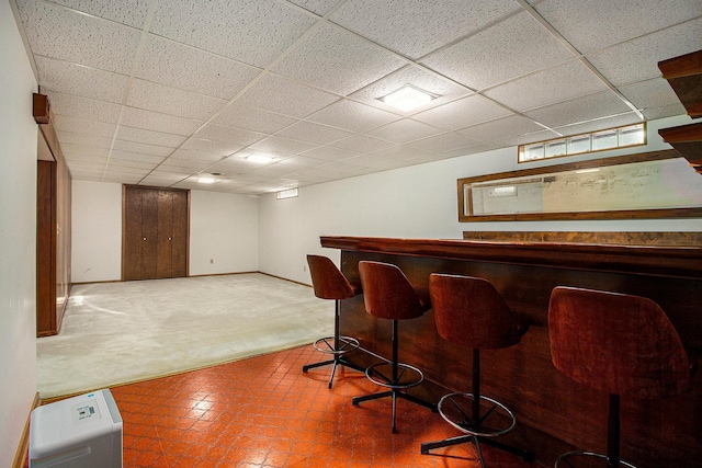 bar featuring carpet flooring and a drop ceiling