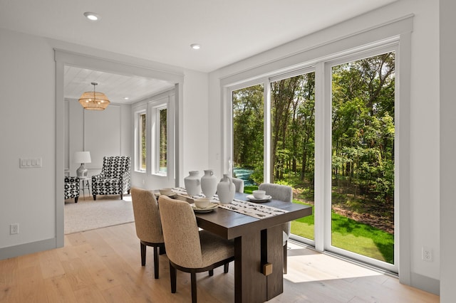 dining space with a healthy amount of sunlight, a notable chandelier, and light hardwood / wood-style flooring