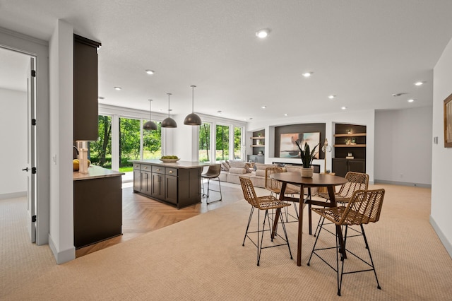 dining area with built in shelves and light parquet floors