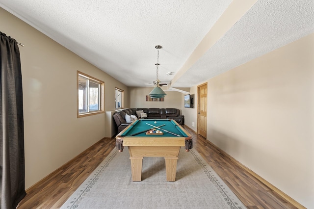 rec room featuring billiards, a textured ceiling, and wood finished floors