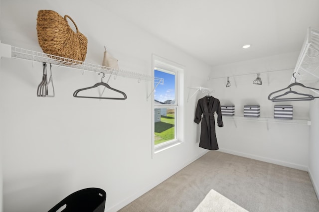 walk in closet with light colored carpet