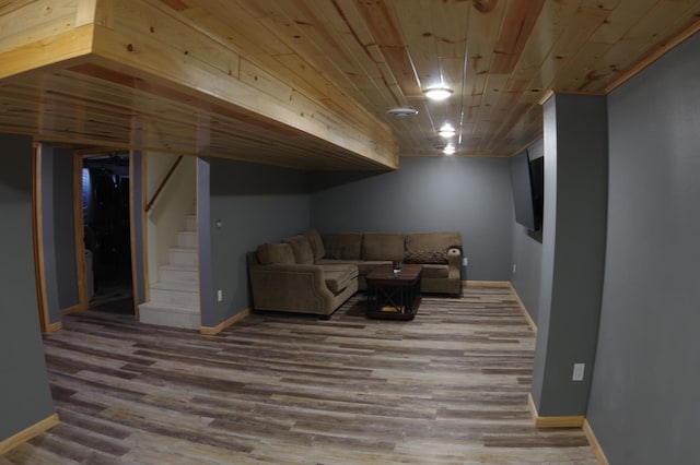 living room featuring wood ceiling and hardwood / wood-style floors