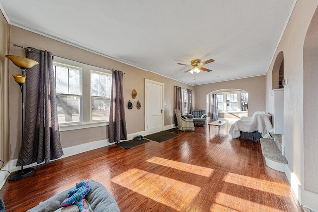 interior space featuring hardwood / wood-style flooring, ceiling fan, and ornamental molding