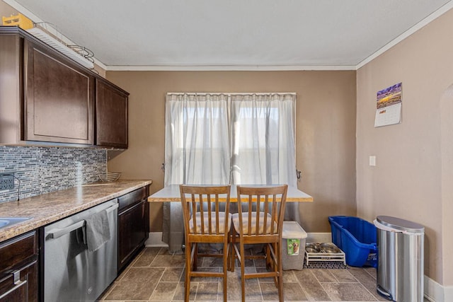 kitchen with dishwasher, dark brown cabinets, ornamental molding, and decorative backsplash