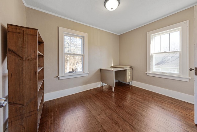 unfurnished office with crown molding and dark hardwood / wood-style flooring