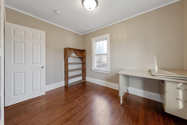 unfurnished office with crown molding and dark wood-type flooring