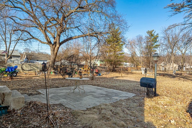 view of yard with a playground and a patio