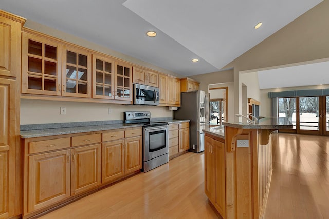 kitchen with lofted ceiling, a breakfast bar, light hardwood / wood-style flooring, an island with sink, and stainless steel appliances