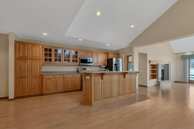 kitchen featuring appliances with stainless steel finishes, high vaulted ceiling, a high end fireplace, an island with sink, and light wood-type flooring