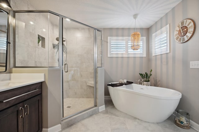 bathroom featuring independent shower and bath and vanity