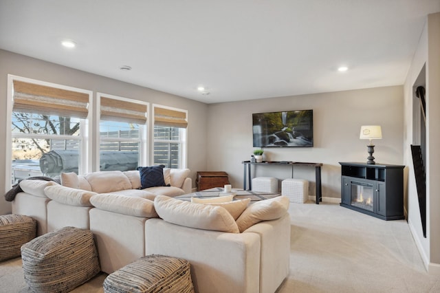 living room featuring light colored carpet