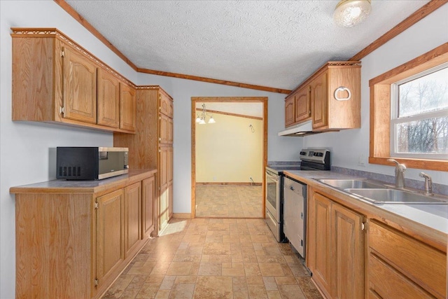 kitchen featuring sink, stainless steel electric stove, ornamental molding, and dishwasher