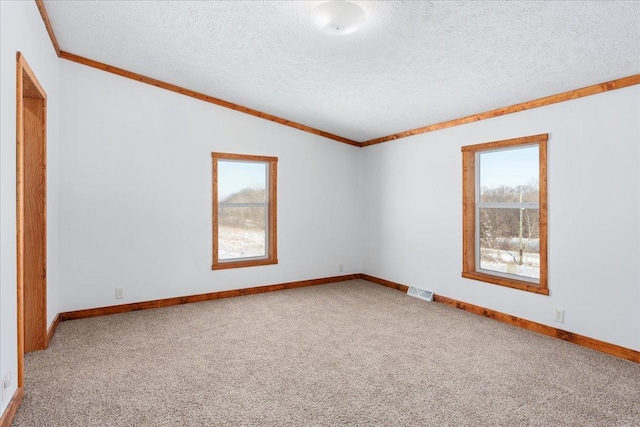 carpeted spare room featuring ornamental molding, vaulted ceiling, and a textured ceiling