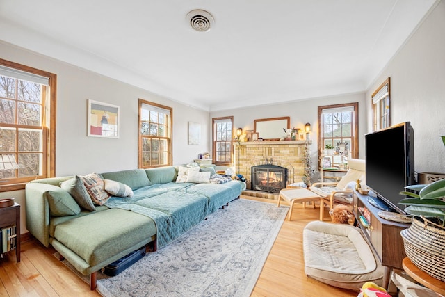 living room with a fireplace, wood-type flooring, and plenty of natural light