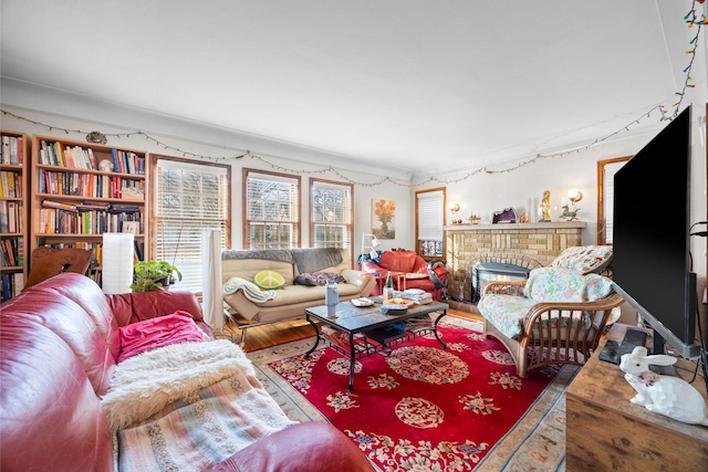 living room featuring a fireplace and wood-type flooring