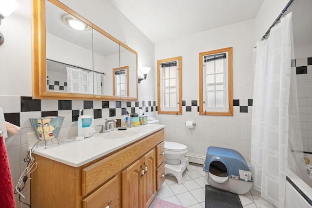 full bathroom with tile walls, tile patterned flooring, vanity, shower / bath combination with curtain, and toilet