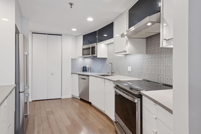 kitchen featuring stainless steel appliances, white cabinetry, sink, and wall chimney exhaust hood