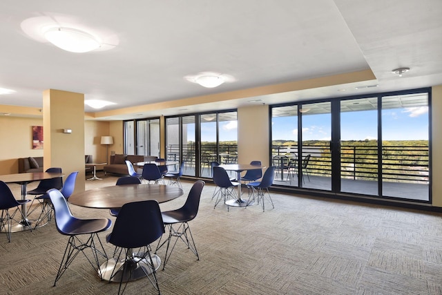 dining space with a wall of windows and carpet flooring