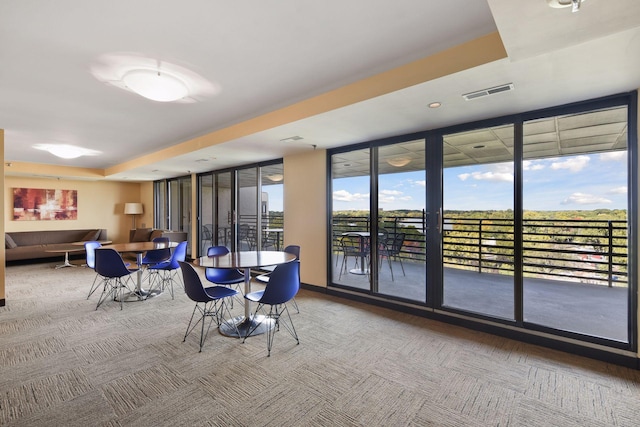 carpeted dining space featuring expansive windows