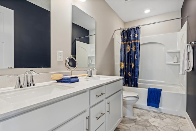 full bathroom featuring vanity, toilet, and shower / bath combo with shower curtain