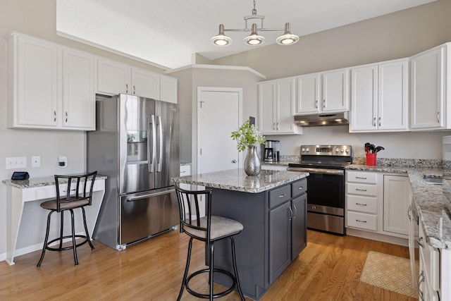 kitchen featuring under cabinet range hood, a kitchen island, appliances with stainless steel finishes, and white cabinetry