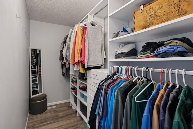 walk in closet with wood finished floors