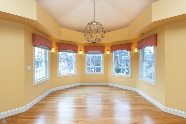 unfurnished dining area with a tray ceiling, plenty of natural light, and light wood-type flooring