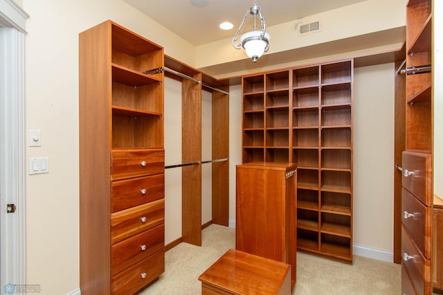 walk in closet with light carpet