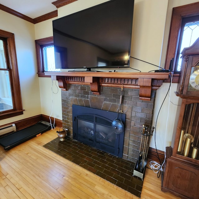 details featuring a fireplace with flush hearth, ornamental molding, wood finished floors, and baseboards