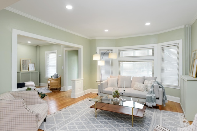 living room with decorative columns, crown molding, and light hardwood / wood-style flooring