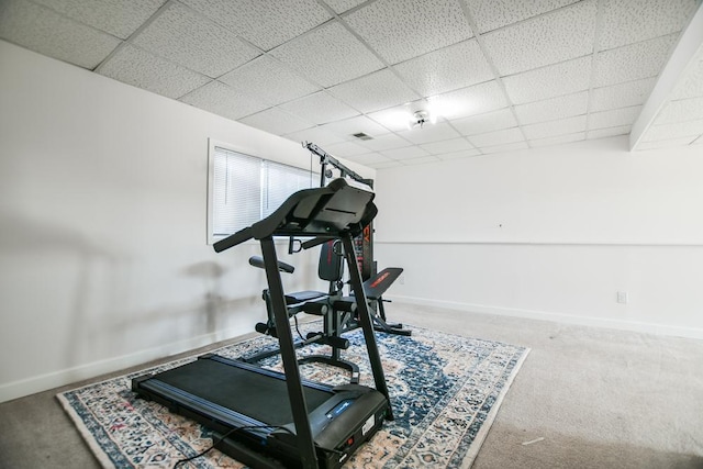 exercise area featuring a paneled ceiling and carpet flooring