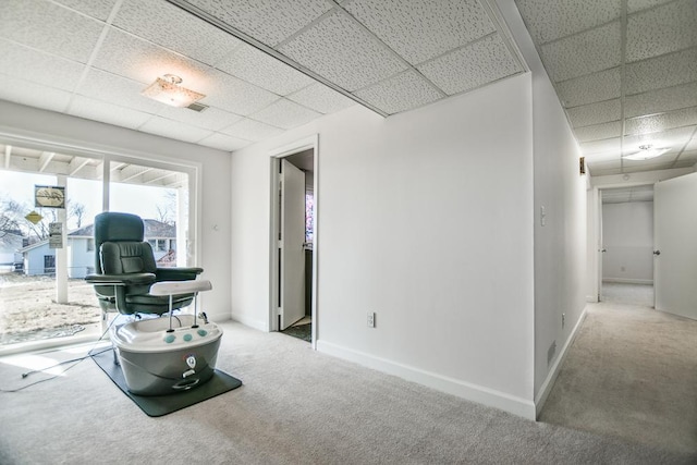 interior space with a drop ceiling and carpet floors