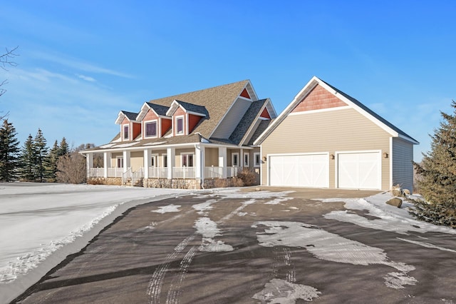 view of front of house with covered porch, driveway, and a garage