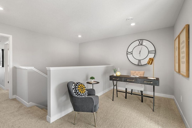 carpeted office space featuring baseboards and recessed lighting