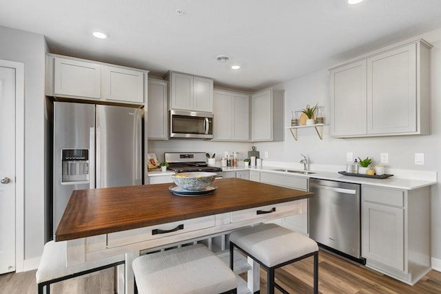 kitchen with wood finished floors, appliances with stainless steel finishes, open shelves, and a sink