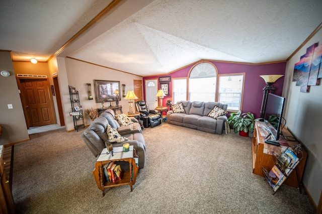 carpeted living room featuring crown molding, lofted ceiling, and a textured ceiling