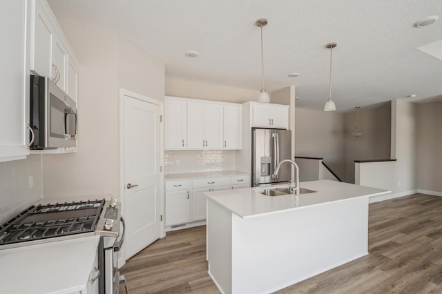 kitchen featuring white cabinetry, stainless steel appliances, sink, and a kitchen island with sink