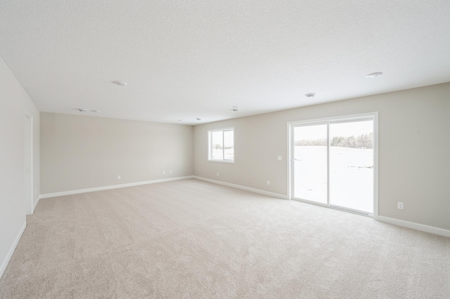 unfurnished room with light colored carpet and a textured ceiling