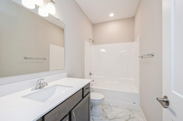 full bathroom with vanity, toilet, and shower / washtub combination