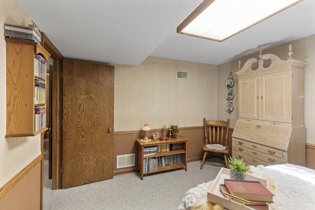 sitting room featuring light carpet and a textured ceiling