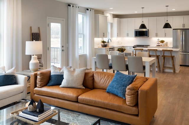 living room featuring sink and light hardwood / wood-style floors