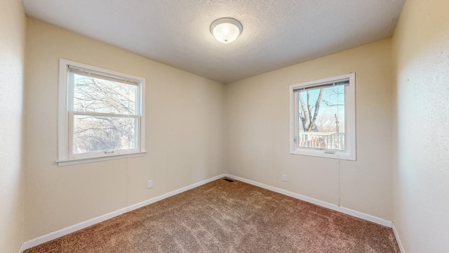 carpeted spare room with a textured ceiling