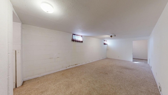 basement with light colored carpet and a textured ceiling