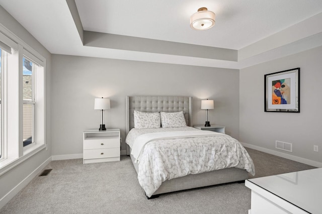 carpeted bedroom with a tray ceiling