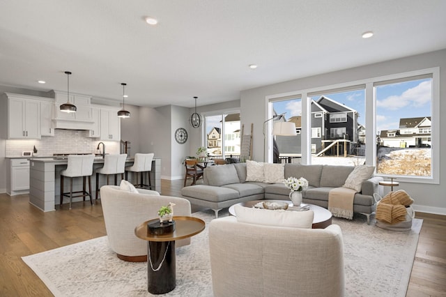 living room with sink and dark hardwood / wood-style floors