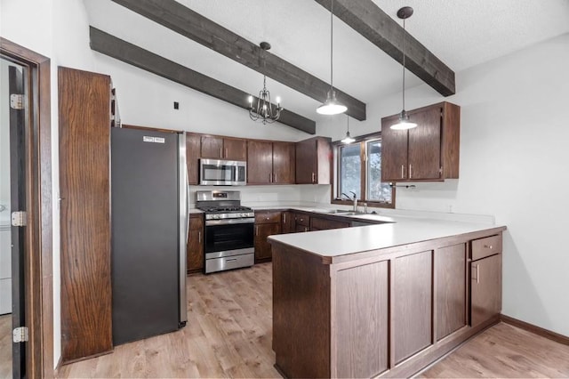 kitchen with sink, dark brown cabinets, appliances with stainless steel finishes, kitchen peninsula, and pendant lighting