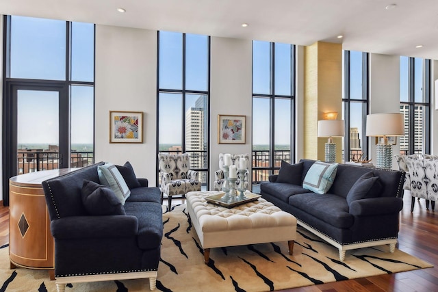 living room featuring hardwood / wood-style floors and a wall of windows