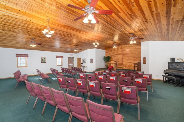 home theater with lofted ceiling, wood ceiling, ceiling fan with notable chandelier, and carpet flooring