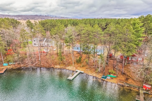 aerial view with a water view and a wooded view